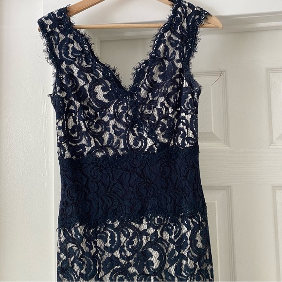 Tadashi Shoji Navy Sleeveless V Neck Lace Gown - Picture 4 of 9